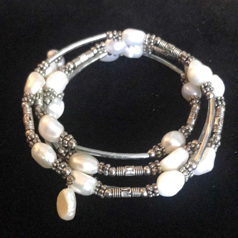 Fresh water Pearl wrap silver tone bracelet